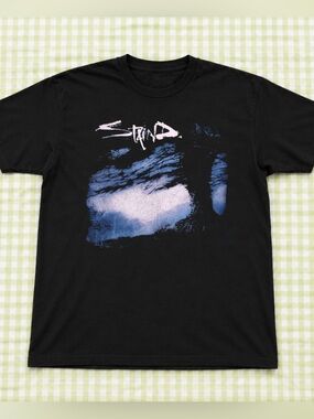 Gildan Black Staind Tee with Blue and Pink Graphic, Retro Vintage Style Unisex